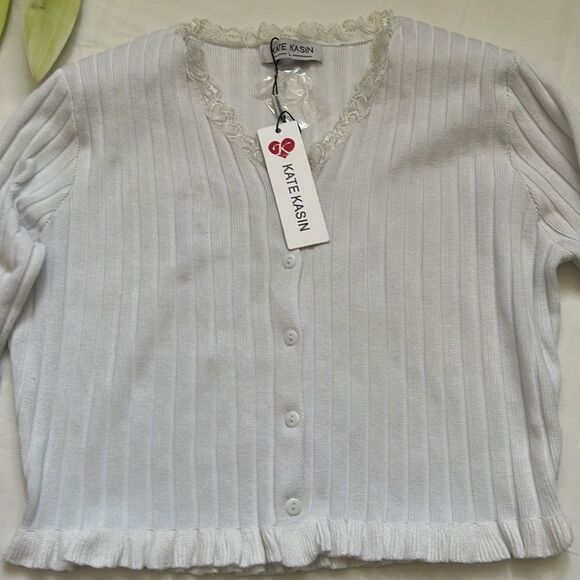 ⭐️nwt Kate Kasin Long Sleeve Button Down V Neck Lace Trim Knit Cardigan⭐️ - Picture 9 of 11